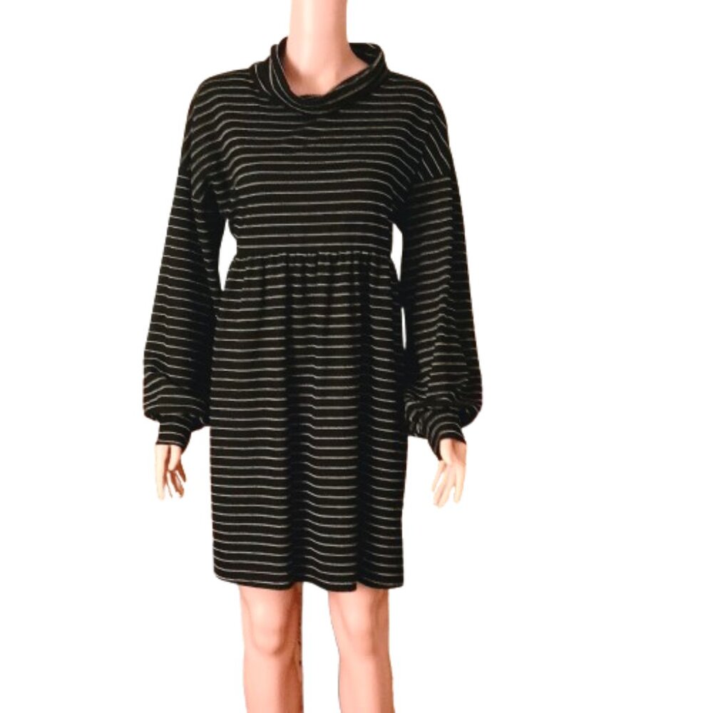 Women's Striped Cowl Neck Dress L Black & White Long Puff Sleeve Stretch